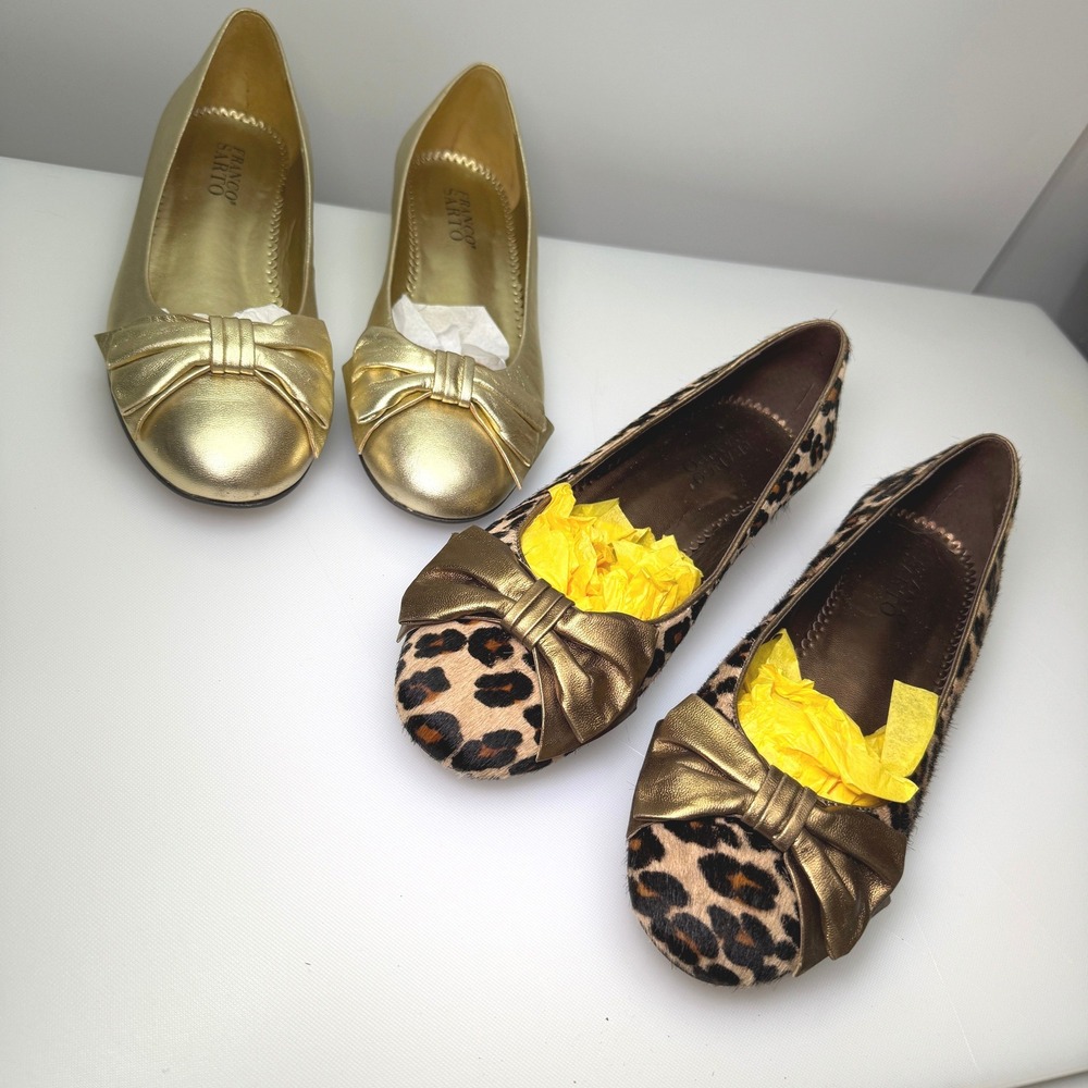 New Lot of 2 Pair Franco Sarto Flats Women 7.5 Gold and Leopard Bow Shoes - Picture 2 of 11
